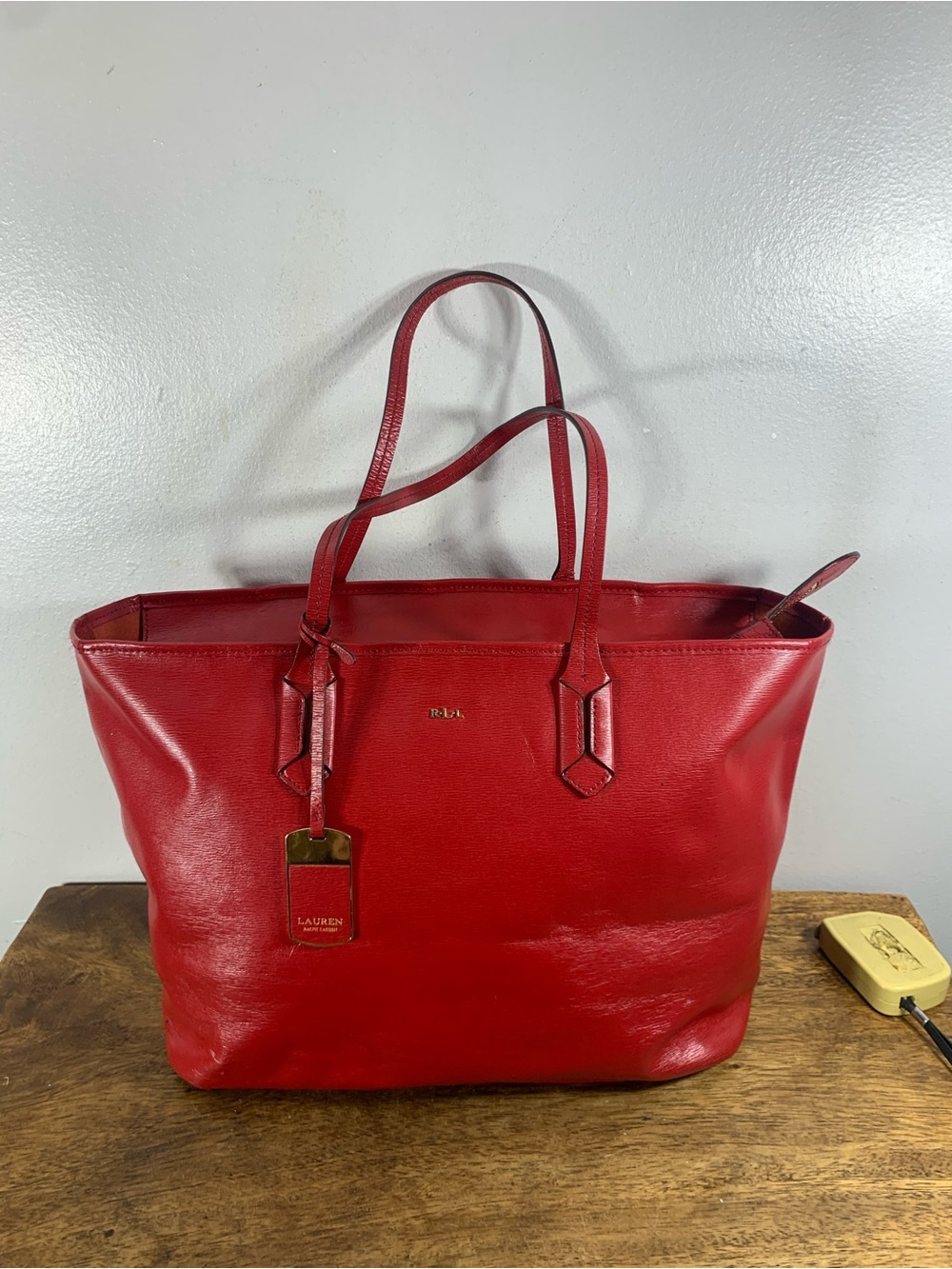 Vintage Ralph Lauren Red Leather Tote Bag Large Shoulder Bag zip too